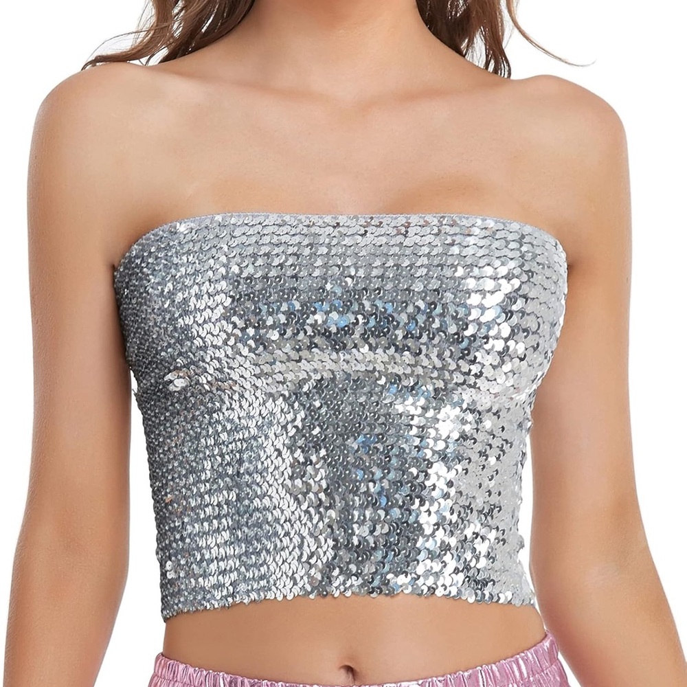 Anna-Kaci Silver Sequin Tube Top – Party, Glam, Y2K Style